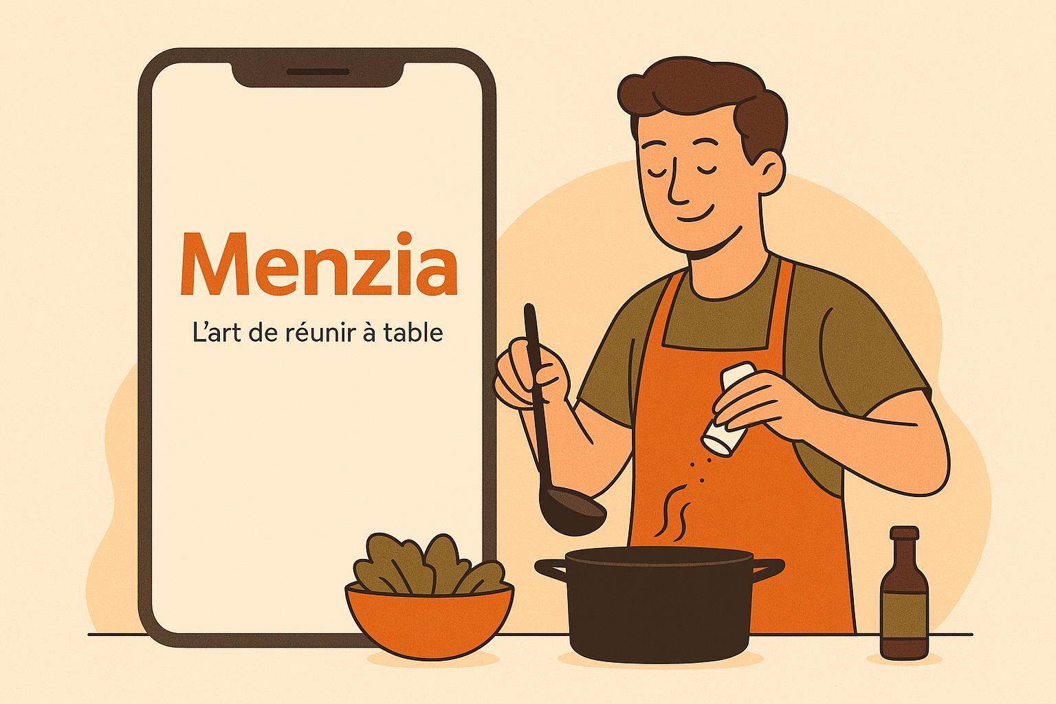 Personne cuisinant détendue avec l'application Menzia à côté